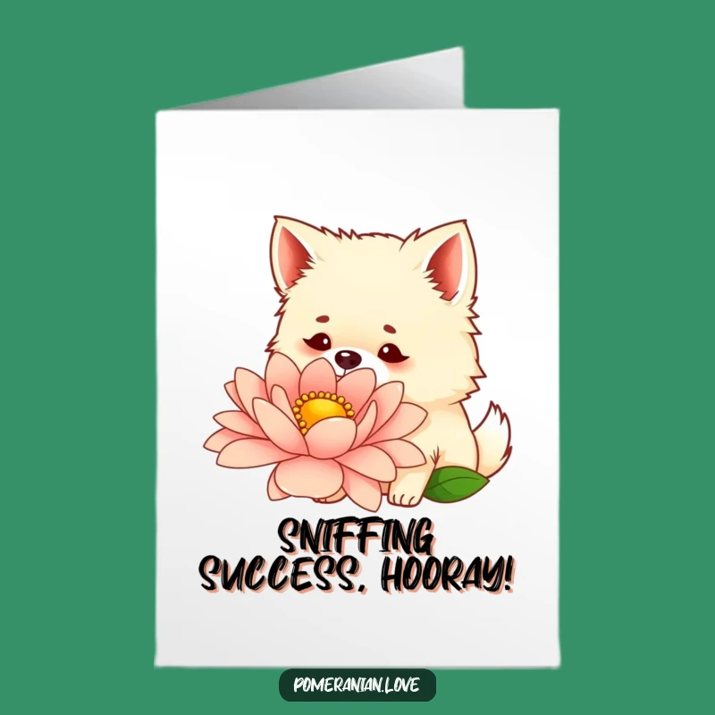 Congrats Free Printable Card: Curious Pomeranian Flower Sniffer, Instant Download