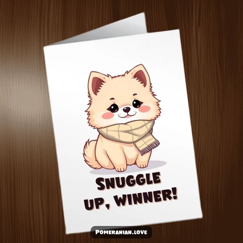 Funny Free Printable Congratulations Card: A fluffy Pomeranian sporting a tiny scarf, looking incredibly cozy and content.