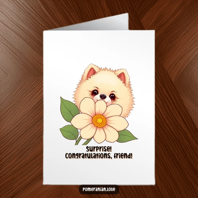 Funny Free Printable Congratulations Card: Pomeranian peeking from a flower, celebrating achievements with curiosity.