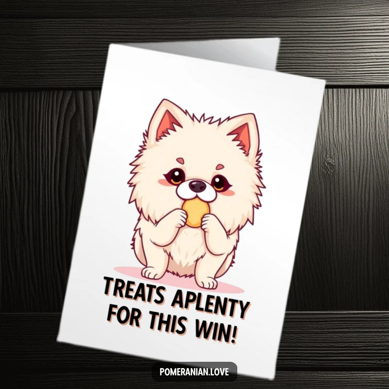 Funny Free Printable Congratulations Card showing a Pomeranian in an attentive stance, clearly expecting a tasty reward.