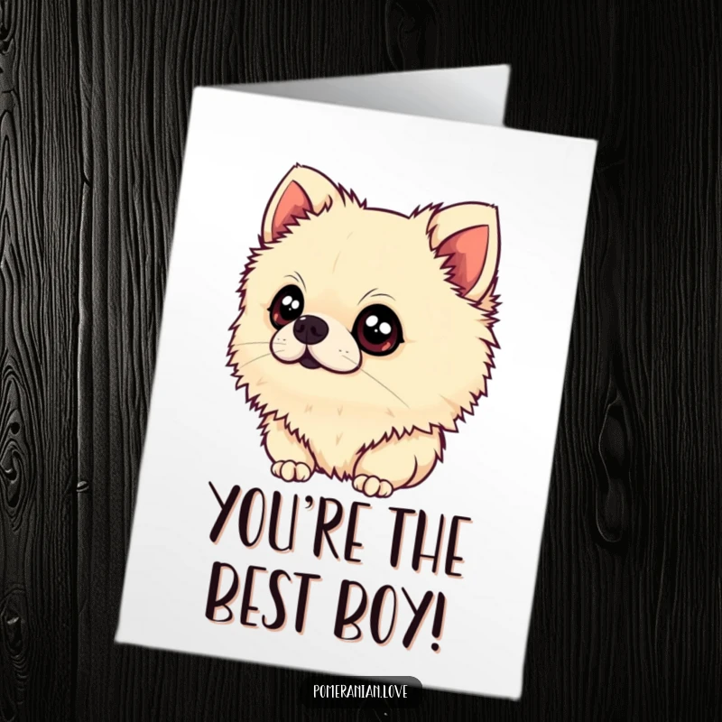 Funny Free Printable Congratulations Card: Curious Pomeranian tilting its head with wide, innocent eyes, wondering about the good news.