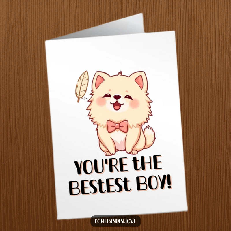 Funny Free Printable Congratulations Card: A Pomeranian wearing a cute bow cheerfully barks at a drifting feather.