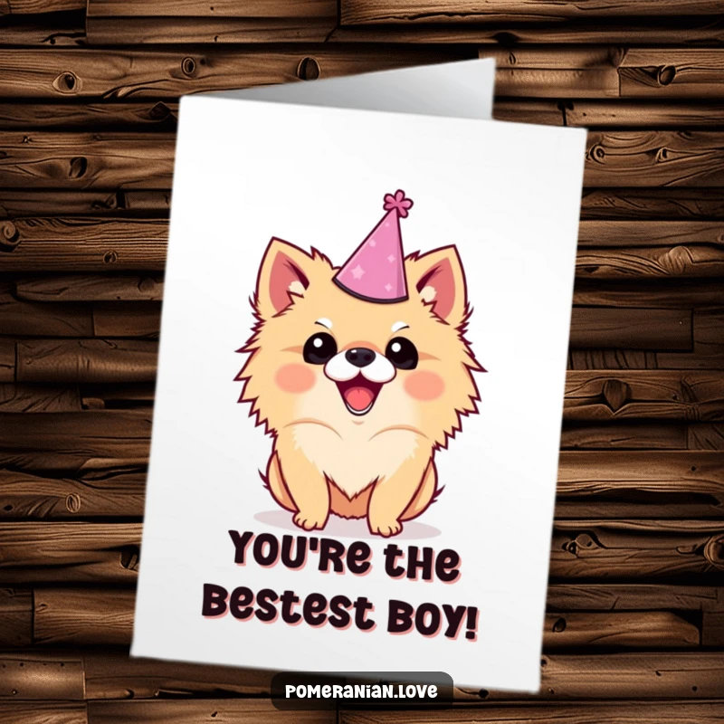 Funny Free Printable Congratulations Card: Excited Pomeranian wearing a party hat, wagging tail, perfect for celebrating achievements.