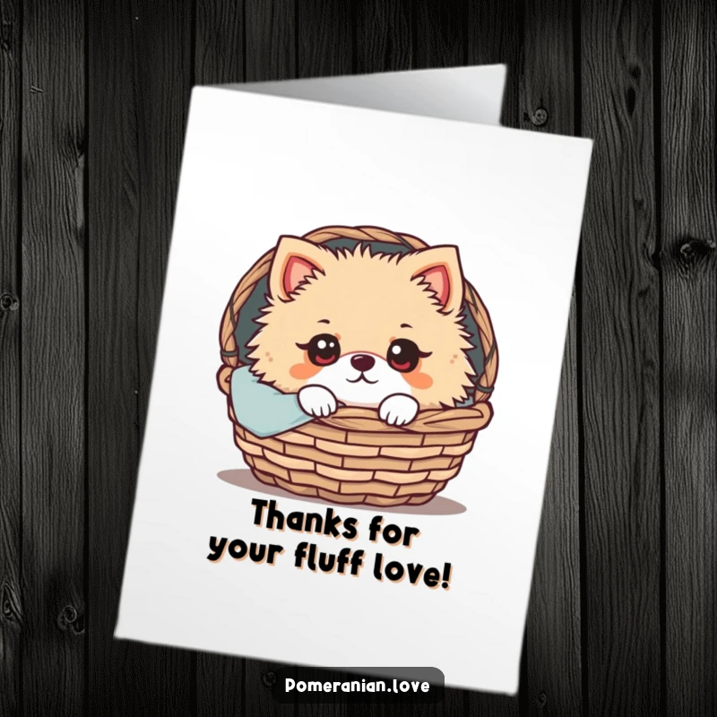 Funny Free Printable Pomeranian Thank You Card: Wide-eyed pomeranian peeking from a basket, a printable way to say thanks.