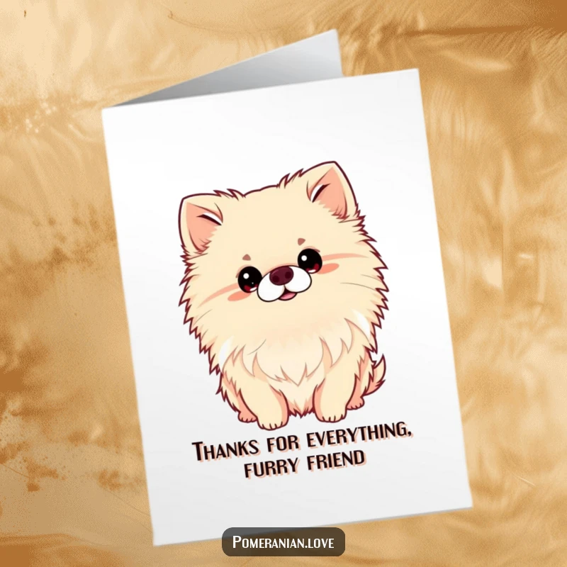 Funny Free Printable Thank You Card: Adorable Pomeranian tilting head, conveying heartfelt thanks with cuteness.