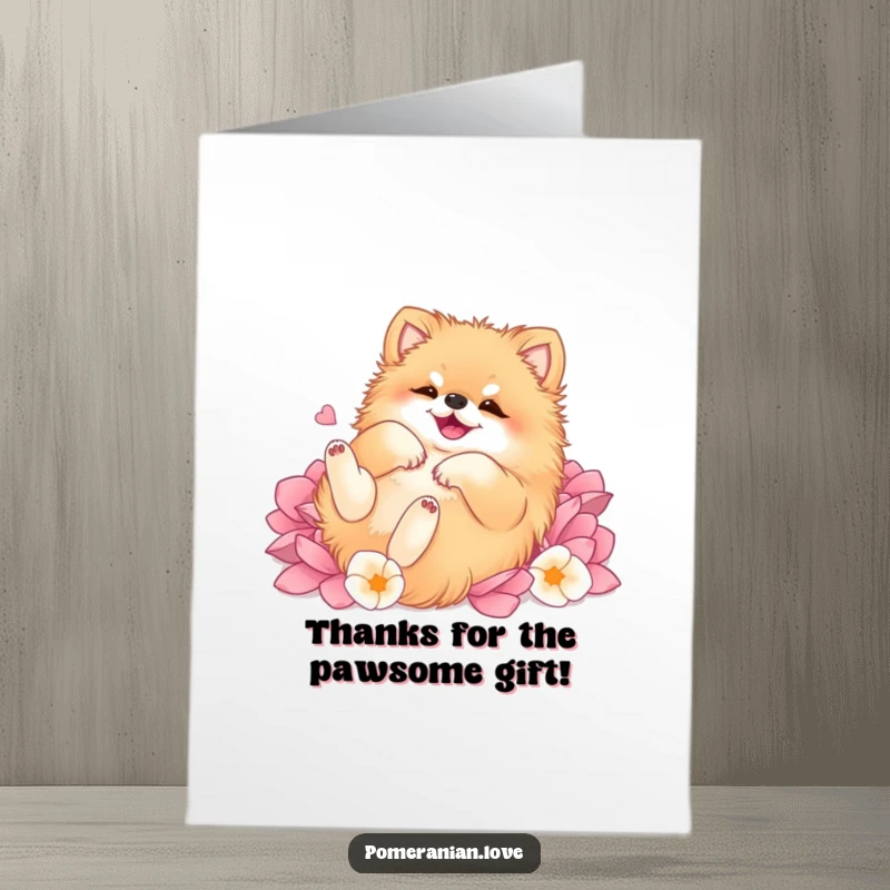 Funny Free Printable Thank You Card: A Pomeranian blissfully rolls on its back in a soft, floral petal garden.