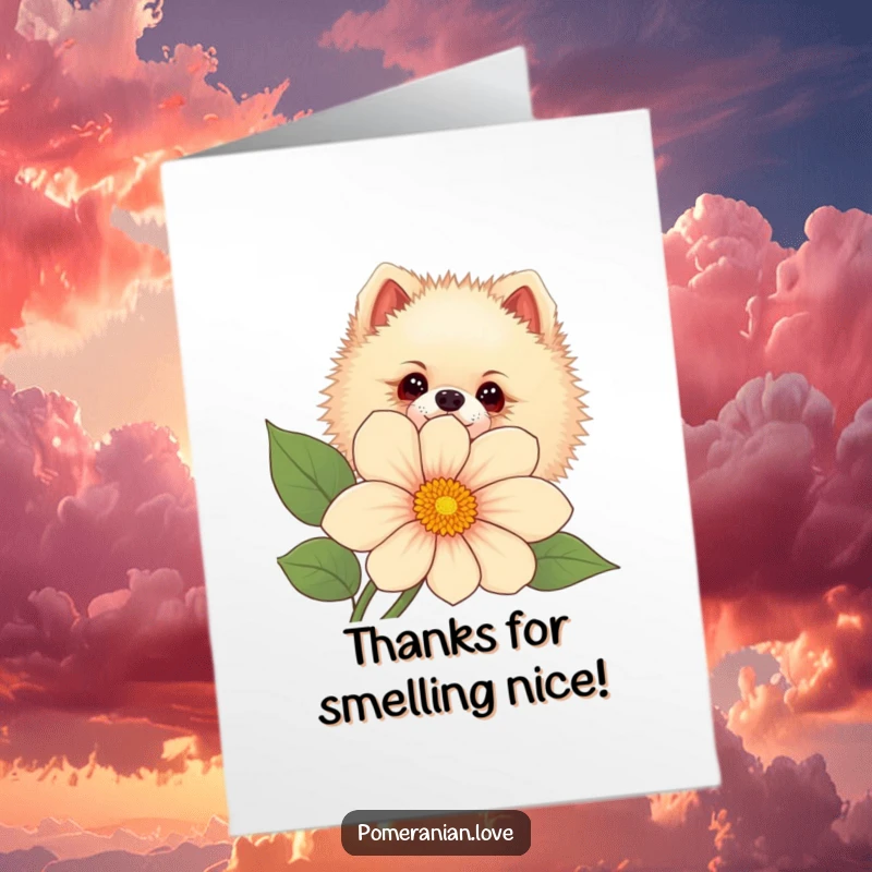 Funny Free Printable Thank You Card: Pomeranian curiously peeking from behind a flower, sending thanks.