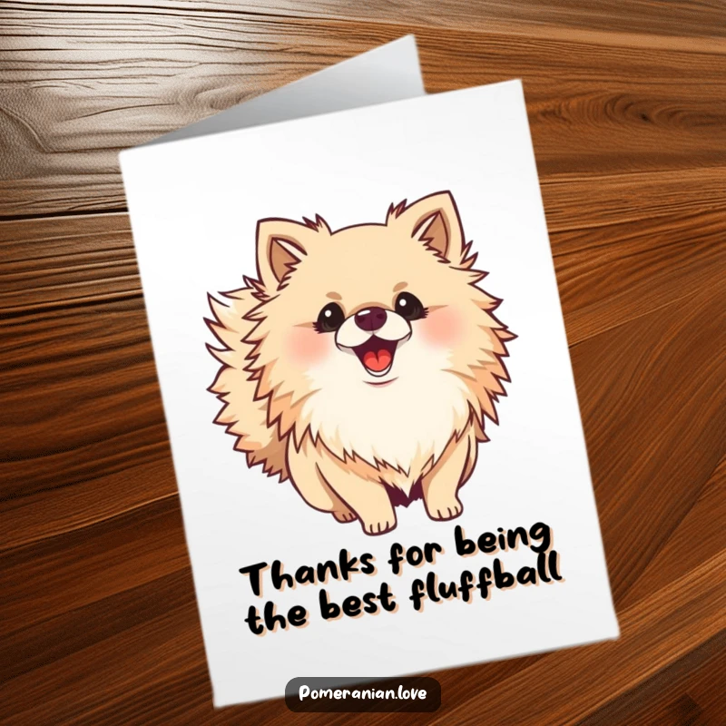 Funny Free Printable Thank You Card: Adorable Pomeranian with its bushy tail wagging, expressing sincere thanks.