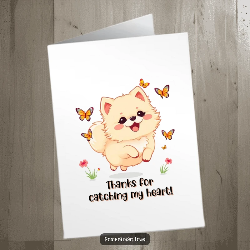Funny Free Printable Thank You Card: A Pomeranian dog joyfully chasing colorful butterflies, conveying thanks.