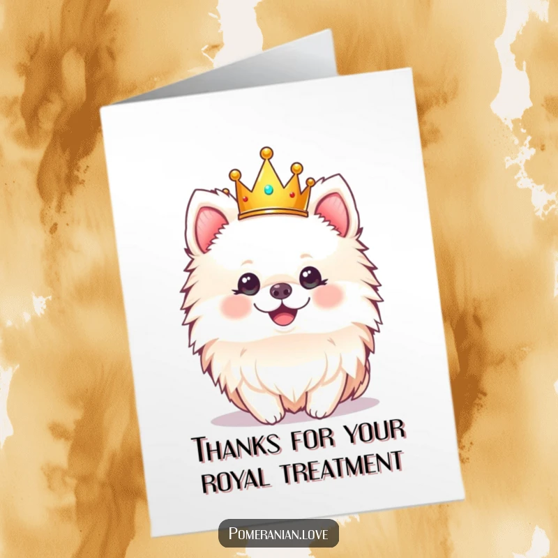 Funny Free Printable thank you card featuring a cheerful pomeranian wearing a tiny crown, expressing thanks.