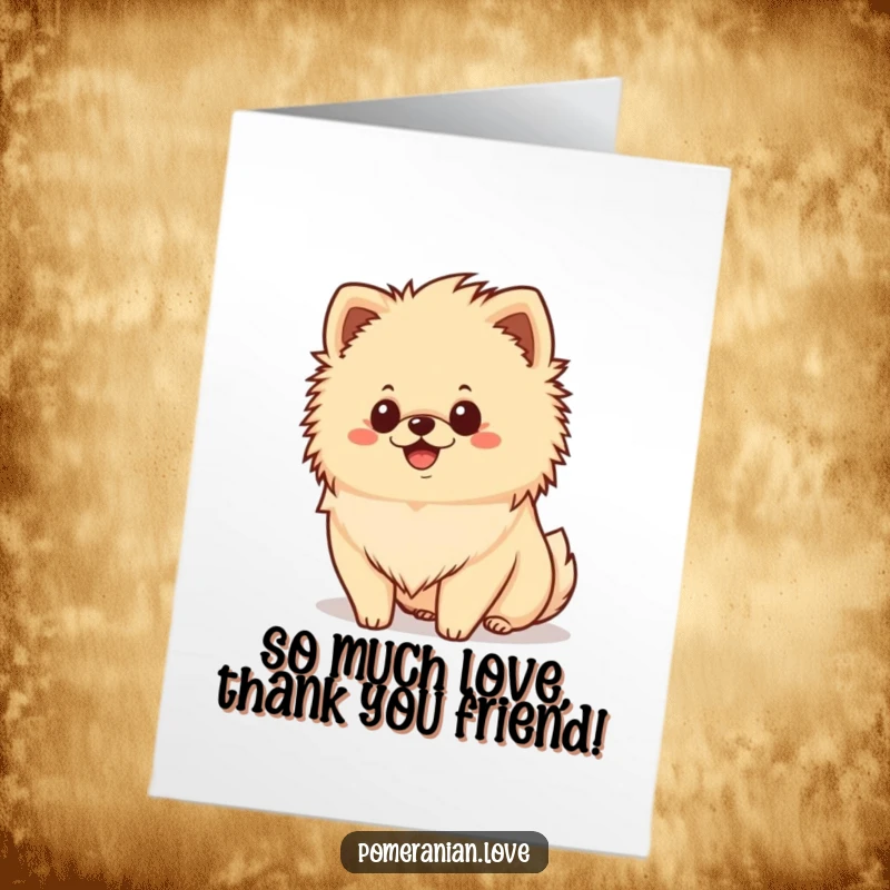 Funny Free Printable Thank You Card featuring a happy Pomeranian dog with a fluffy mane, looking gratefully ahead.