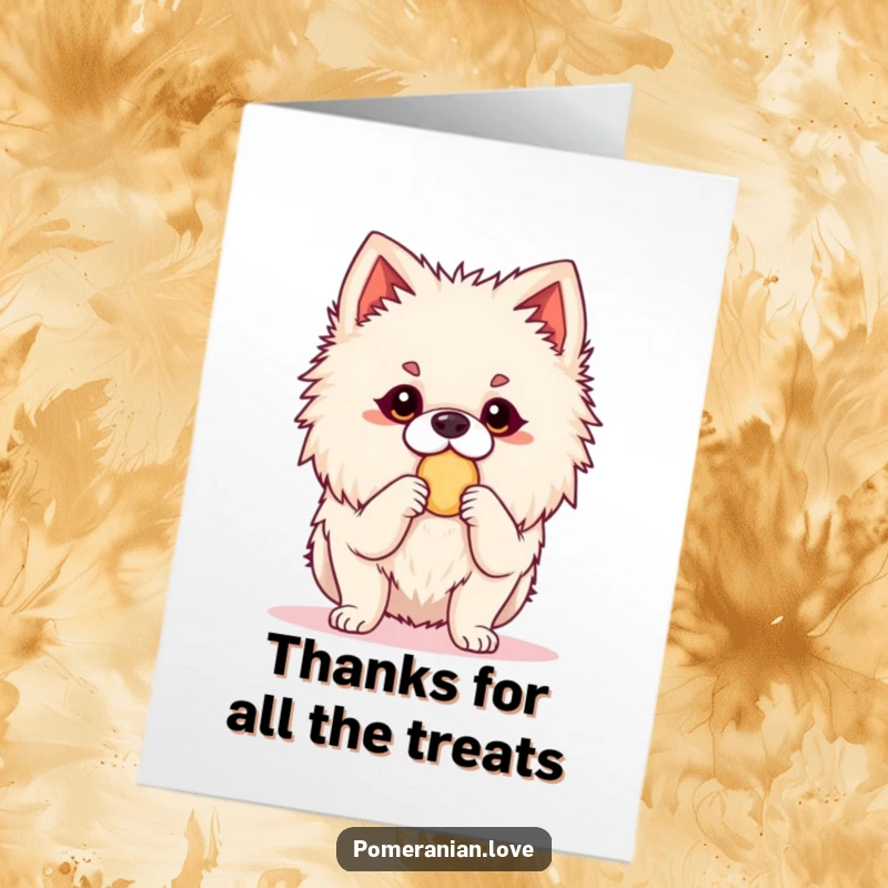 Funny Free Printable Thank You Card: An eager Pomeranian stands ready, eyes gleaming, anticipating a well-deserved treat.