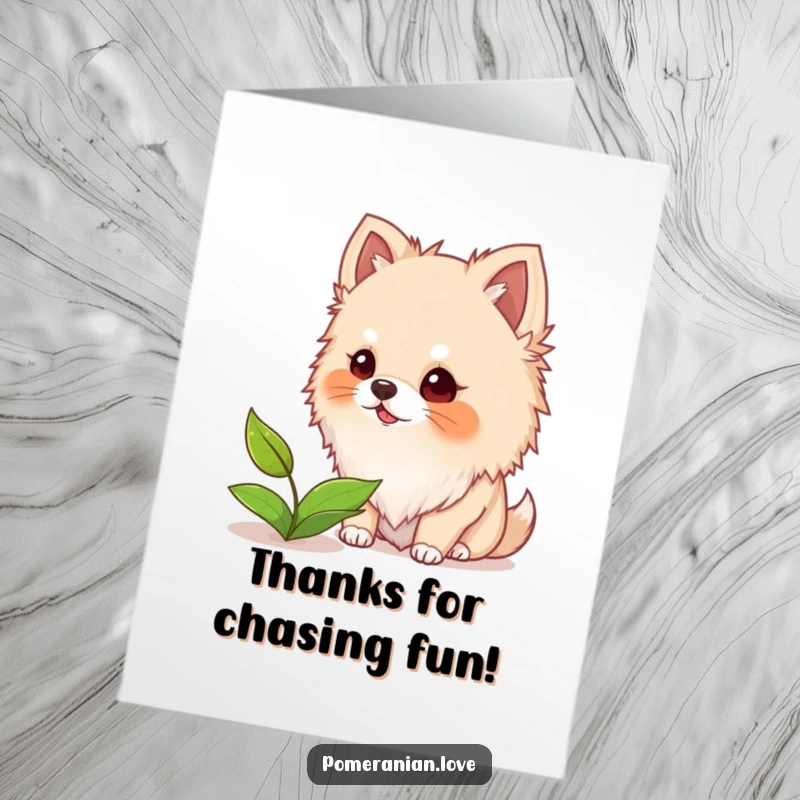 Funny Free Printable Thank You Card: Cute Pomeranian with fuzzy ears, barking with mock outrage at a floating leaf, pet appreciation.