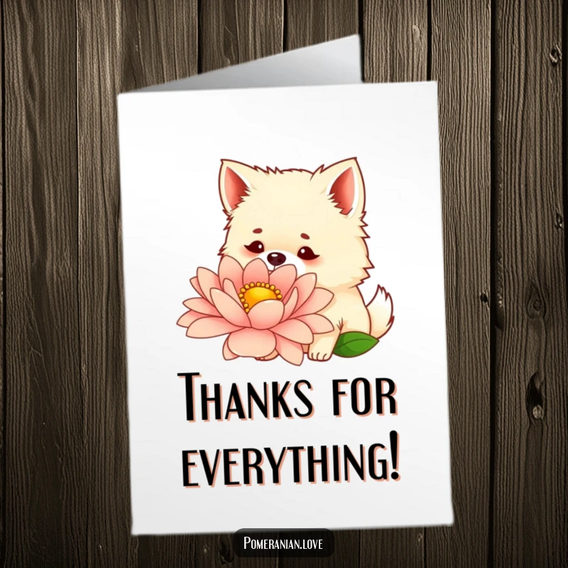 Funny free printable thank you card with a curious Pomeranian dog investigating a giant flower.