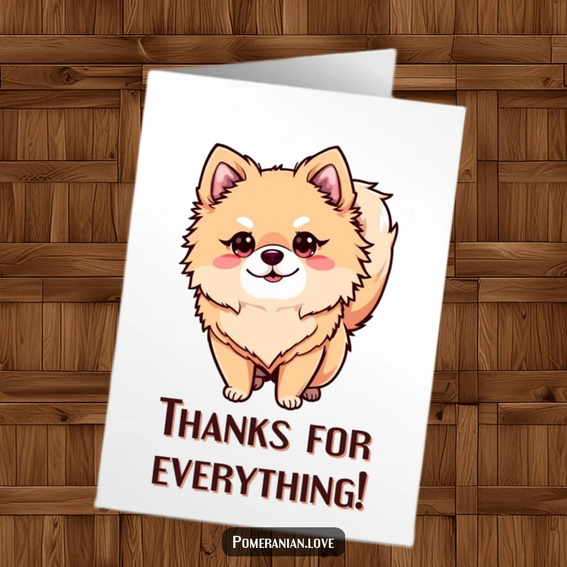 Funny Free Printable Thank You Card: Pomeranian standing alert, tail curled, with attentive eyes on the viewer.
