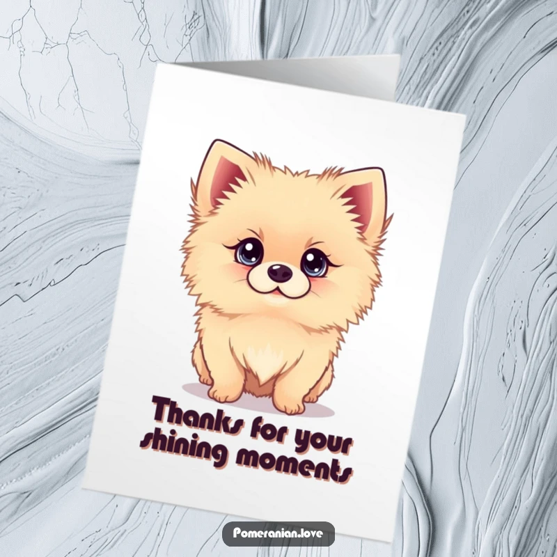 Funny Free Printable thank you card of a pomeranian with large, bright eyes looking up affectionately.