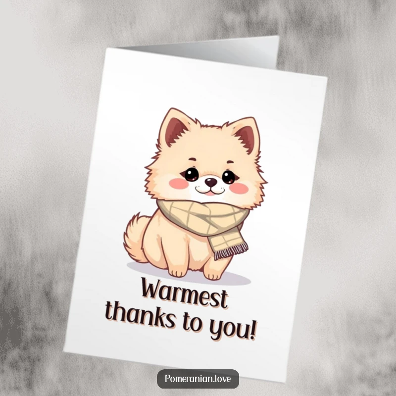 Funny Free Printable Thank You Card: Pomeranian wrapped in a small scarf, looking warm, cozy, and adorable.