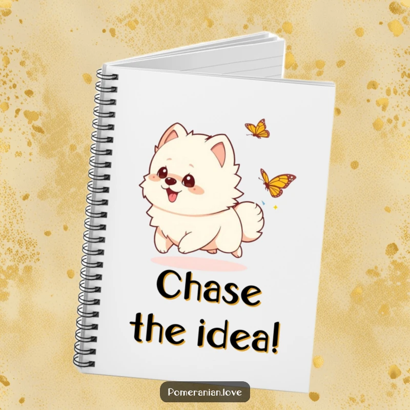 Funny playful Pomeranian notebook, a cute dog illustration capturing a moment of chase, perfect for funny journaling.
