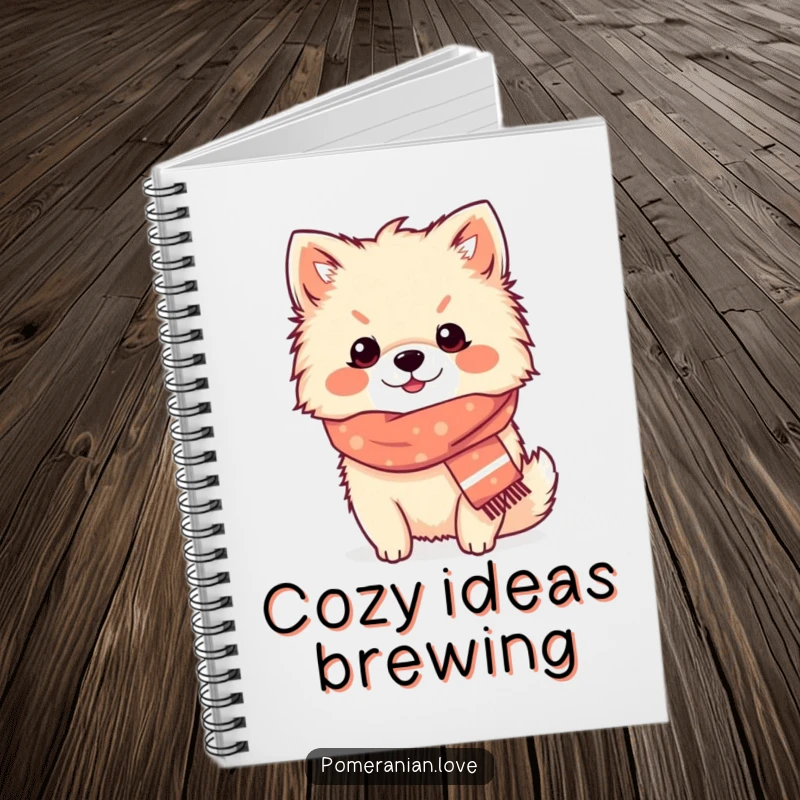 Funny Pomeranian cozy scarf notebook, a content dog wearing a tiny scarf, looking warm and humorous, perfect for notes.
