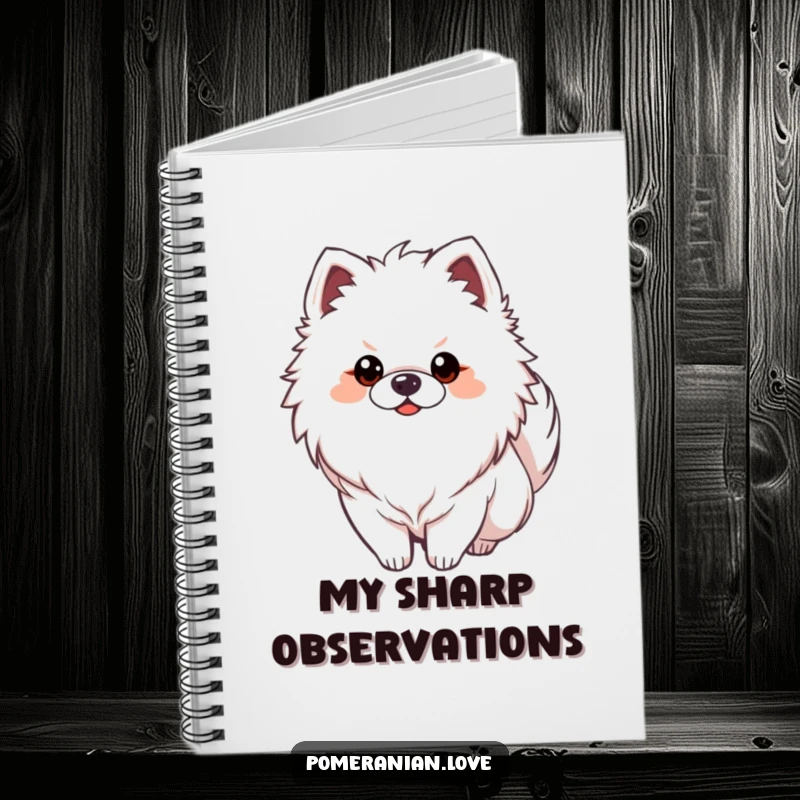 Funny Pomeranian dog with its tail curled alertly, featured on a notebook cover for focused and humorous note-taking.