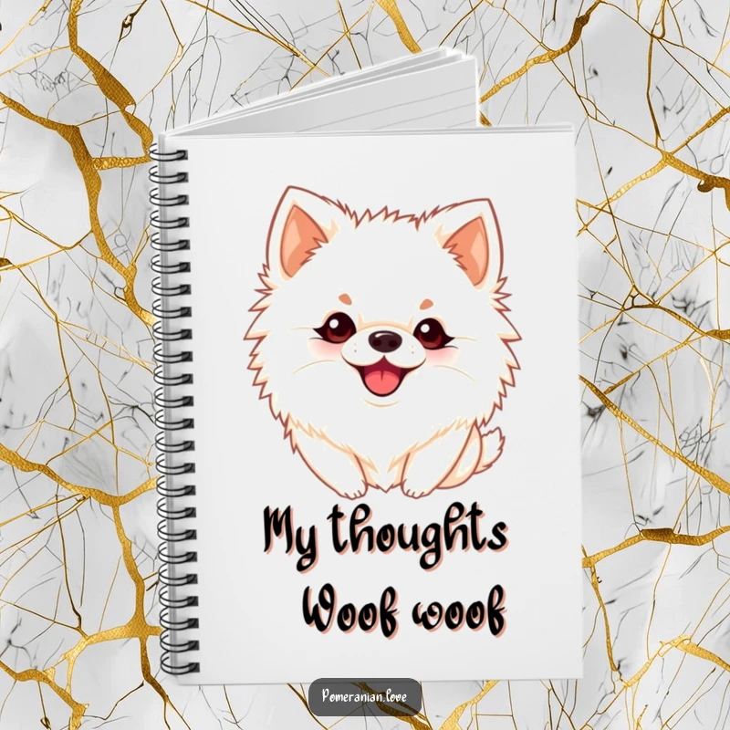 Funny Pomeranian notebook featuring a dog with perky ears barking playfully, perfect for jotting down notes and ideas.