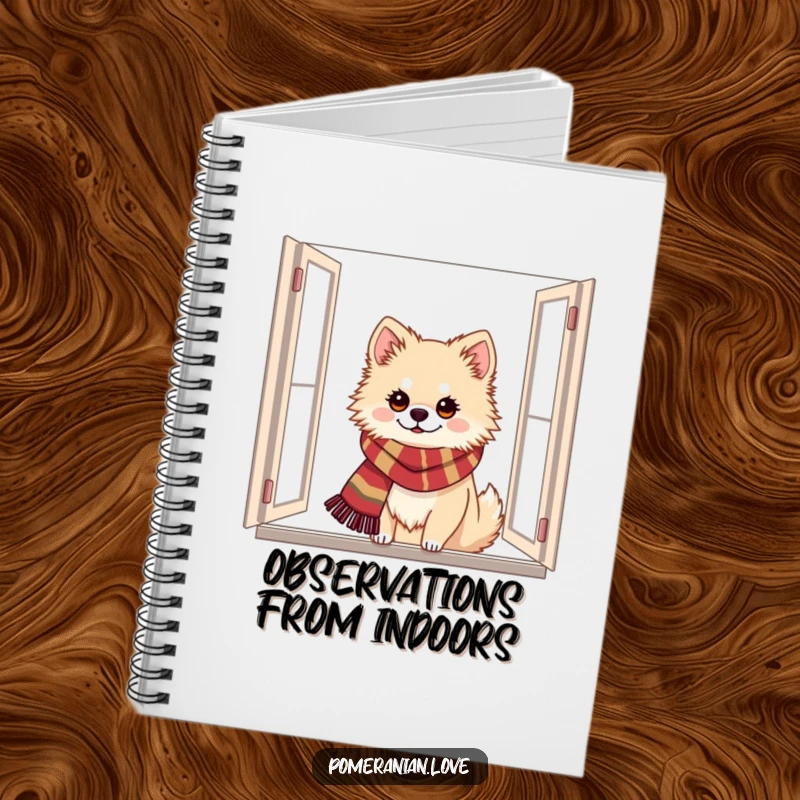 Funny Pomeranian notebook featuring a dog in a festive scarf peeking from a window, perfect for jotting down holiday ideas.