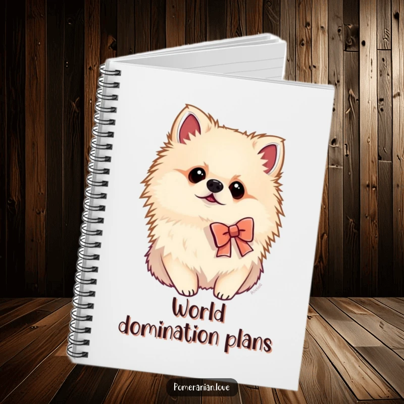 Funny Pomeranian notebook featuring a dog in a small bow tilting its head curiously, ideal for jotting down thoughts and ideas.