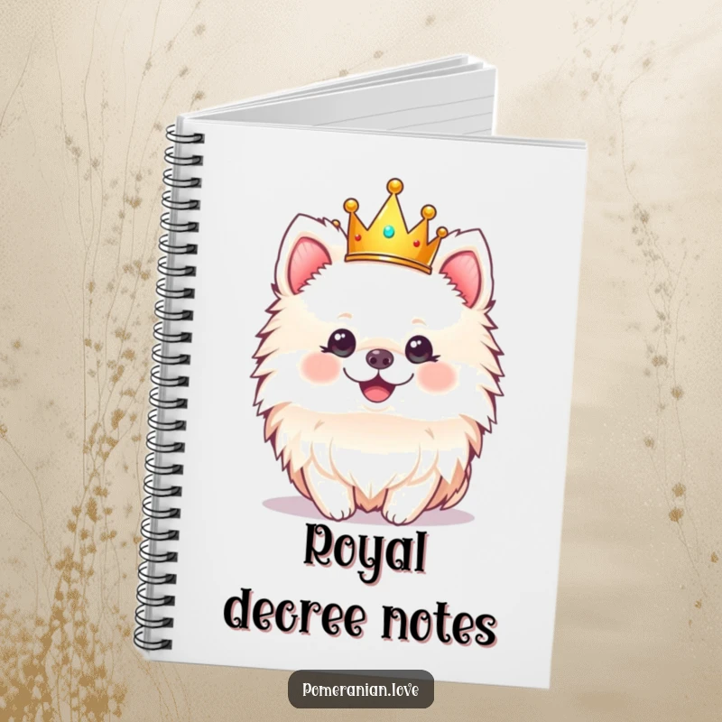 Funny notebook with a cheerful Pomeranian dog wearing a crown, perfect for jotting down royal thoughts.