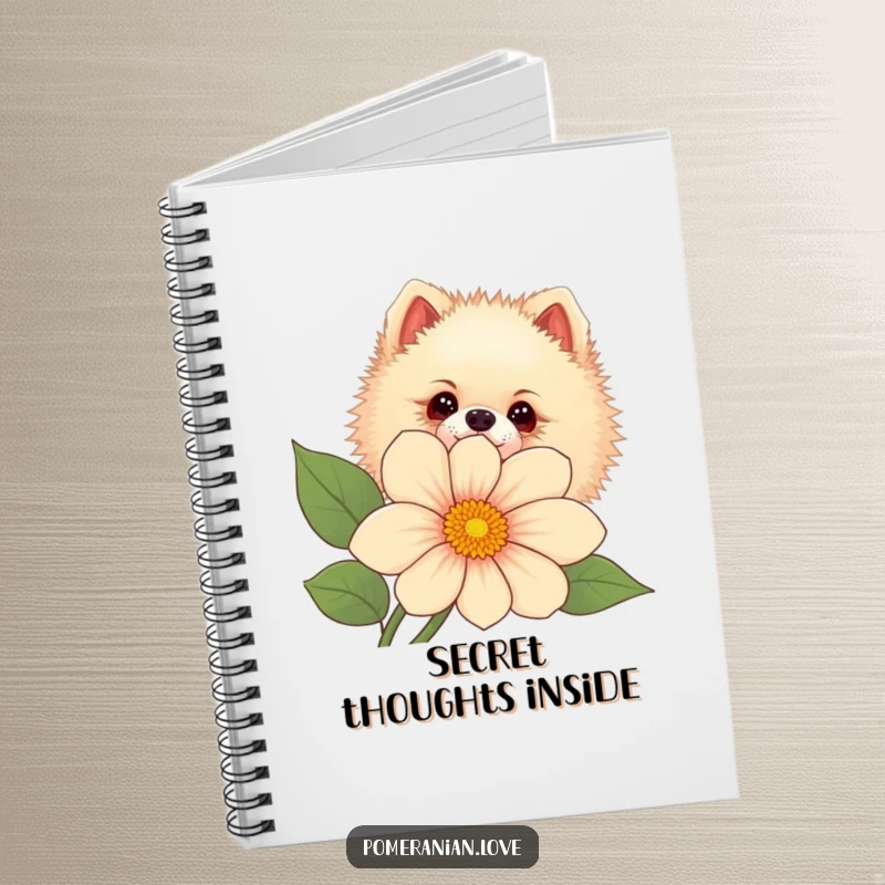 Funny Pomeranian dog peeking curiously from behind a large flower, on a notebook cover.