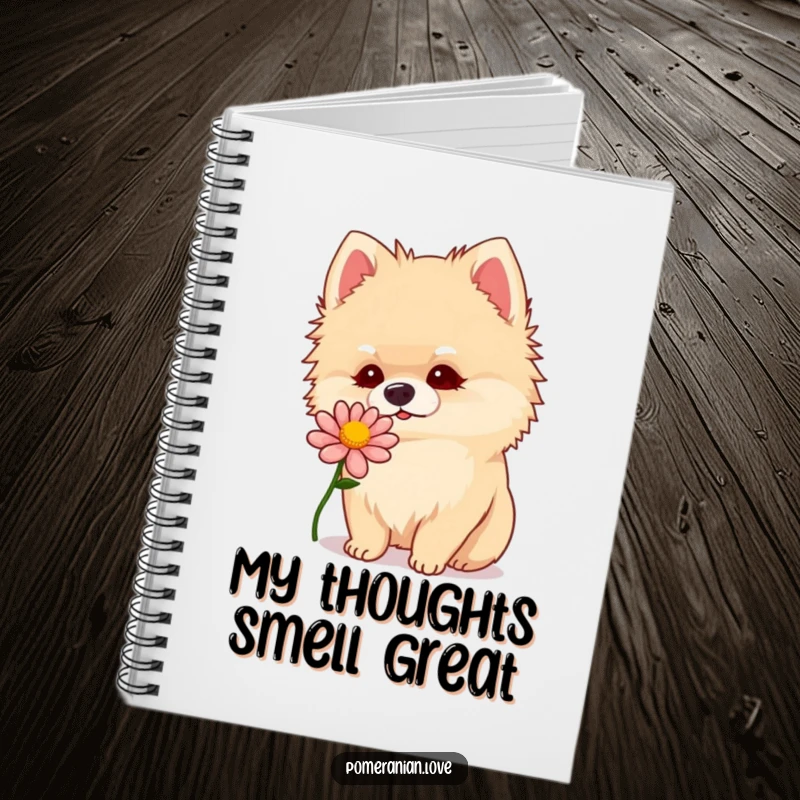 Funny Pomeranian dog tilting head, curiously sniffing flower, on a notebook cover for journaling.