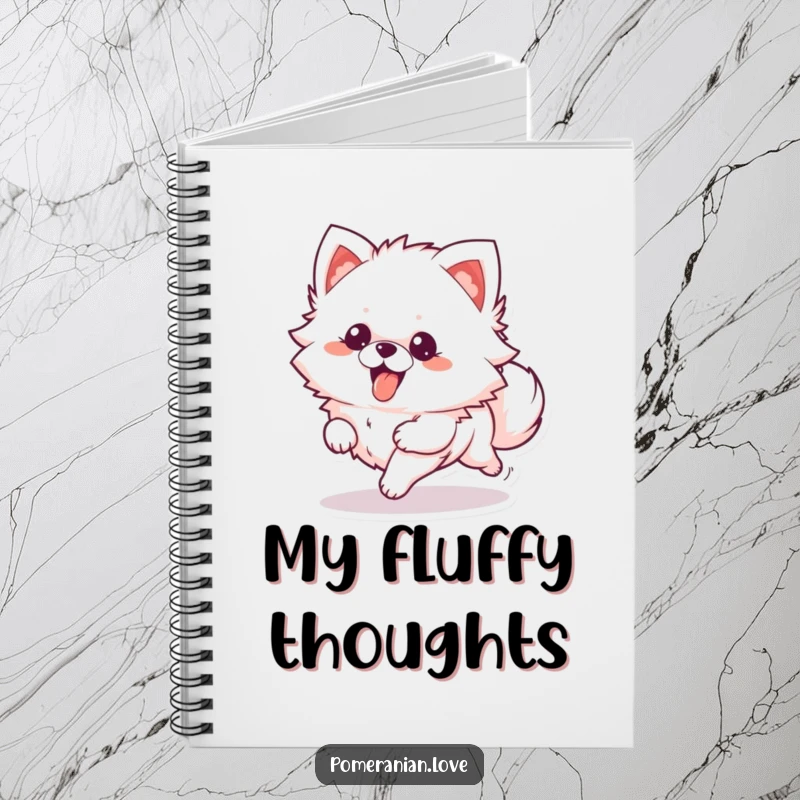 Funny Notebook: A fluffy Pomeranian character running with its tongue out, perfect for jotting down energetic ideas.