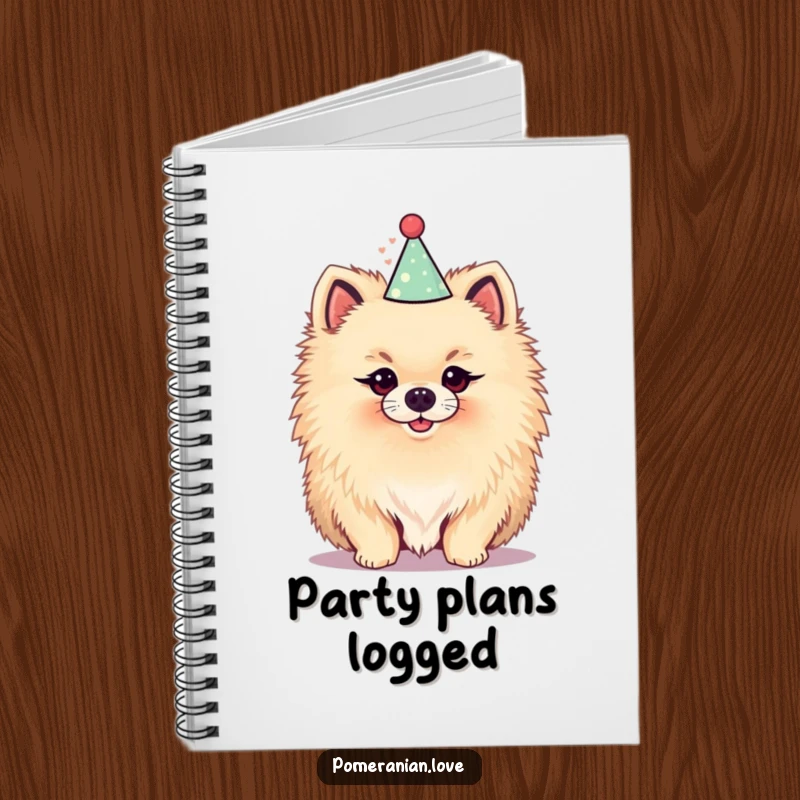 Funny notebook with a fluffy Pomeranian wearing a party hat, ideal for jotting down festive ideas and event plans with a humorous touch.