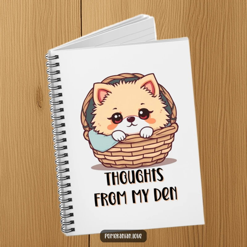 Funny Pomeranian Notebook: A Pomeranian with wide, expressive eyes peeking from a cozy basket, perfect for journaling sweet thoughts and creative ideas.