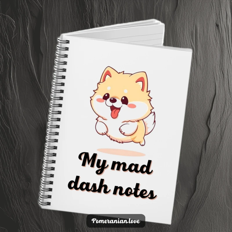 Funny Pomeranian dog running with tongue out, featured on a notebook cover for energetic and humorous writing.