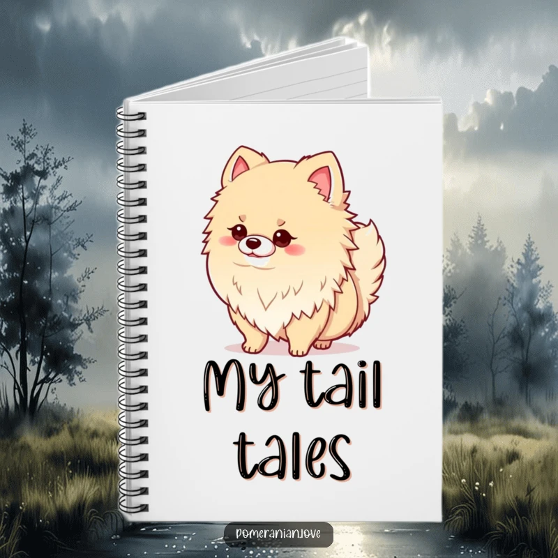 Funny notebook cover featuring a proud Pomeranian dog wagging its tail with joy, perfect for jotting down happy thoughts.