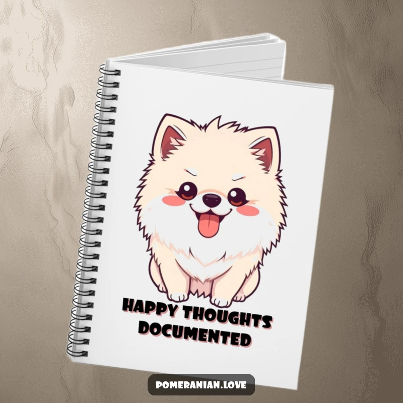 Funny Pomeranian happy pant notebook, a cheerful dog with tongue slightly out, panting happily, perfect for jotting bright ideas.