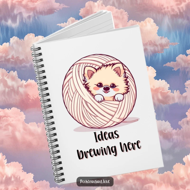Funny mischievous Pomeranian notebook, peeking from yarn, playful, journaling, stationery, great funny gift.