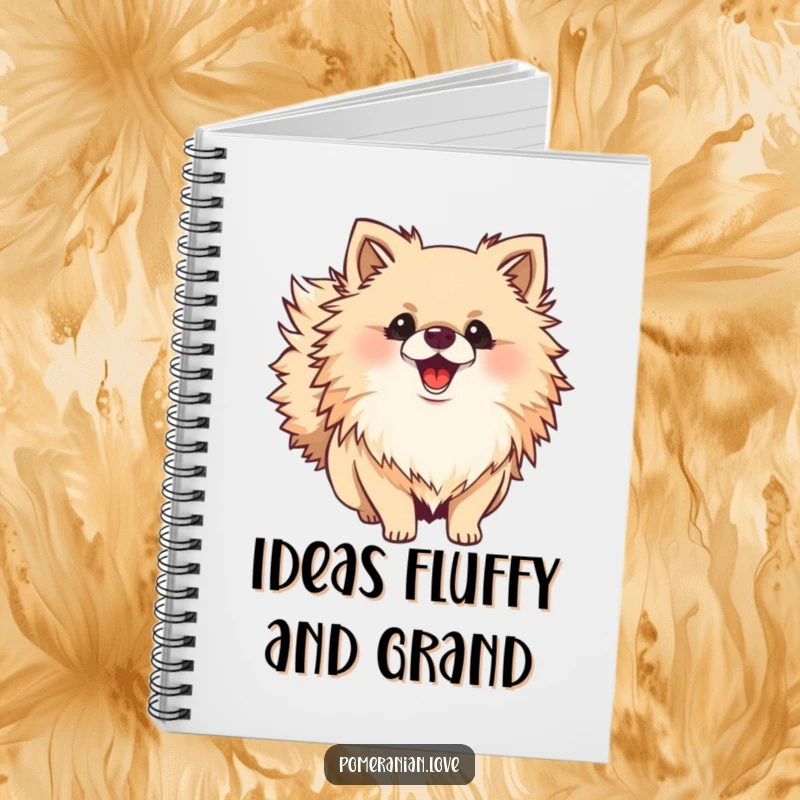 Funny Pomeranian notebook with a fluffy dog and its bushy tail wagging, perfect for notes, journaling, and creative brainstorming.