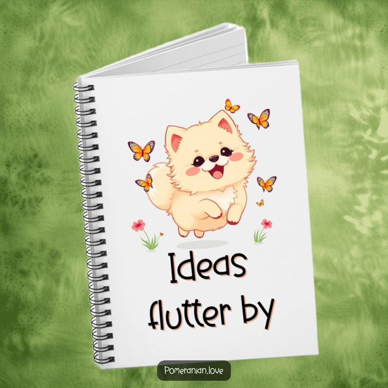 Funny Pomeranian notebook featuring a dog joyfully chasing butterflies, perfect for jotting down ideas and dreams.