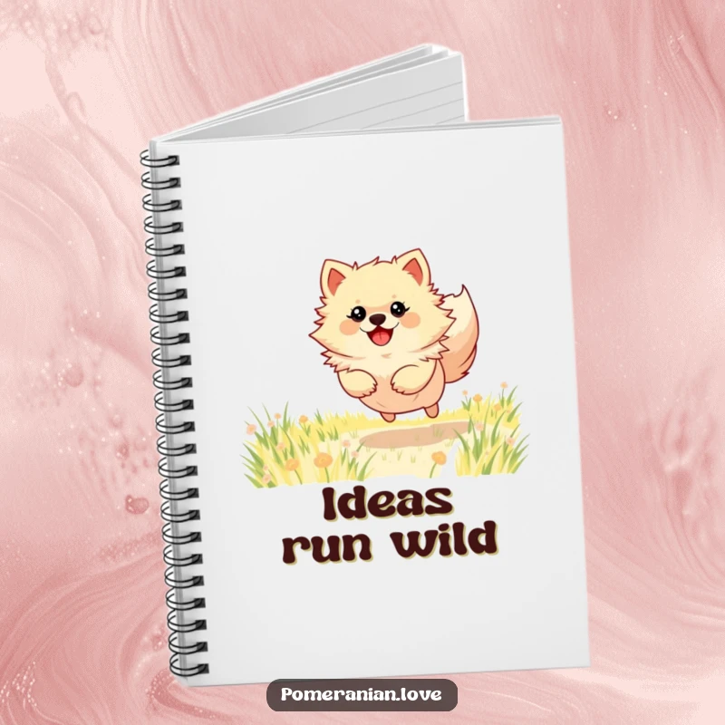 Funny Pomeranian notebook showing a dog energetically running in a field, ideal for capturing creative thoughts and ideas.