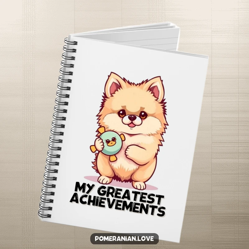Funny Pomeranian notebook featuring a proud dog with a squeaky toy, perfect for jotting down ideas and accomplishments.