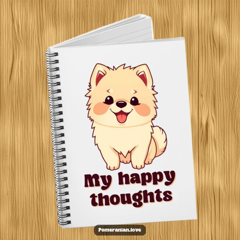 Funny Happy Pomeranian Notebook: A fluffy Pomeranian with a happy panting face and wagging tail, perfect for jotting down happy thoughts.