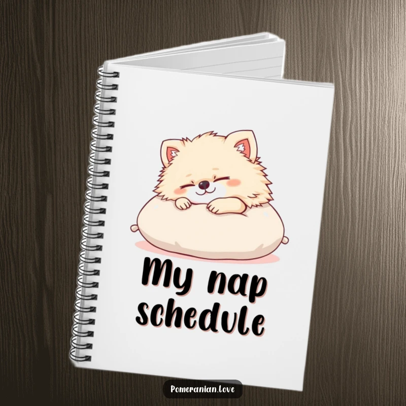 Funny Pomeranian notebook with a content dog sleeping on a cushion, perfect for jotting notes. A humorous and adorable item for dog lovers.
