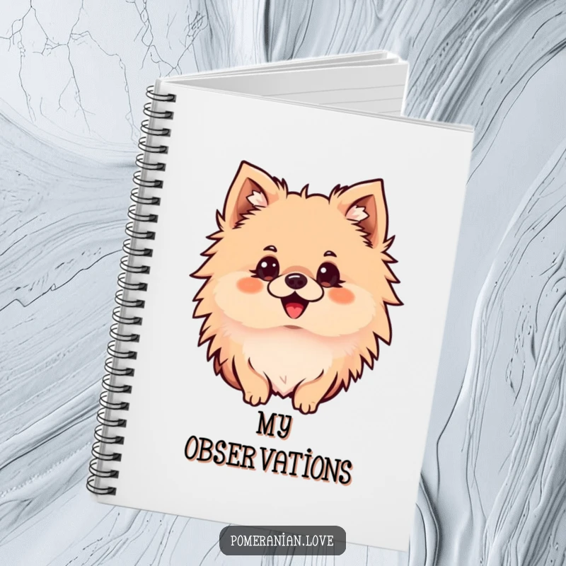 Funny Pomeranian notebook featuring a delighted dog with perked ears, looking intently, ready to inspire focused thoughts.
