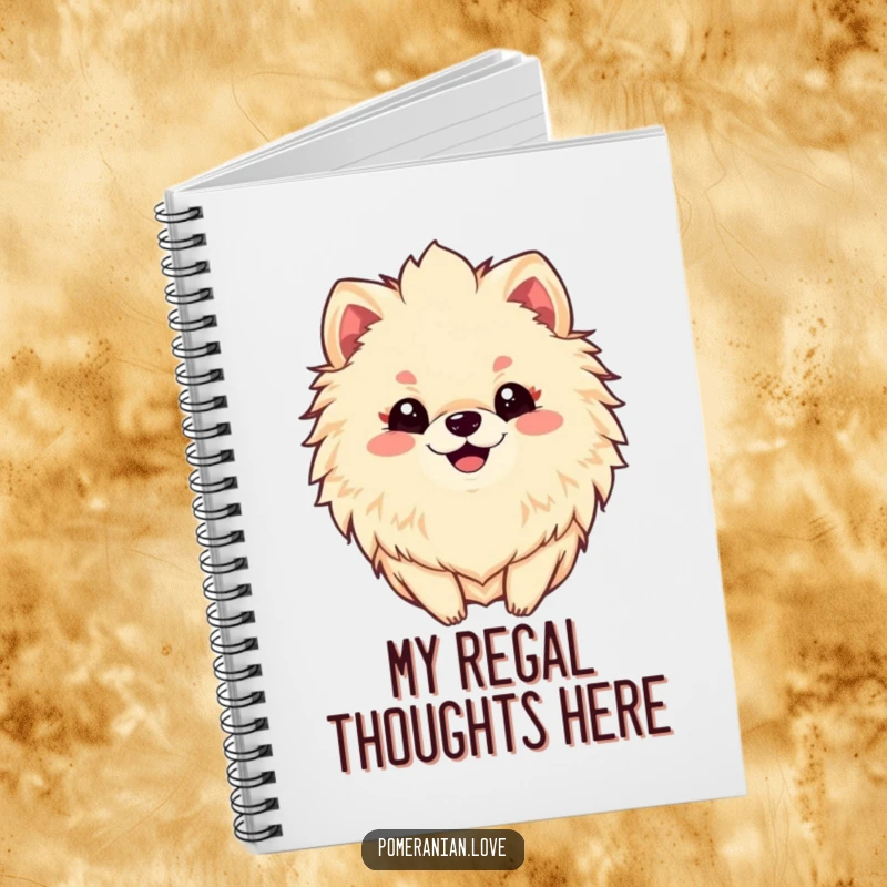 Funny notebook cover featuring a smiling Pomeranian with a large, fluffy mane, inspiring notes and doodles.