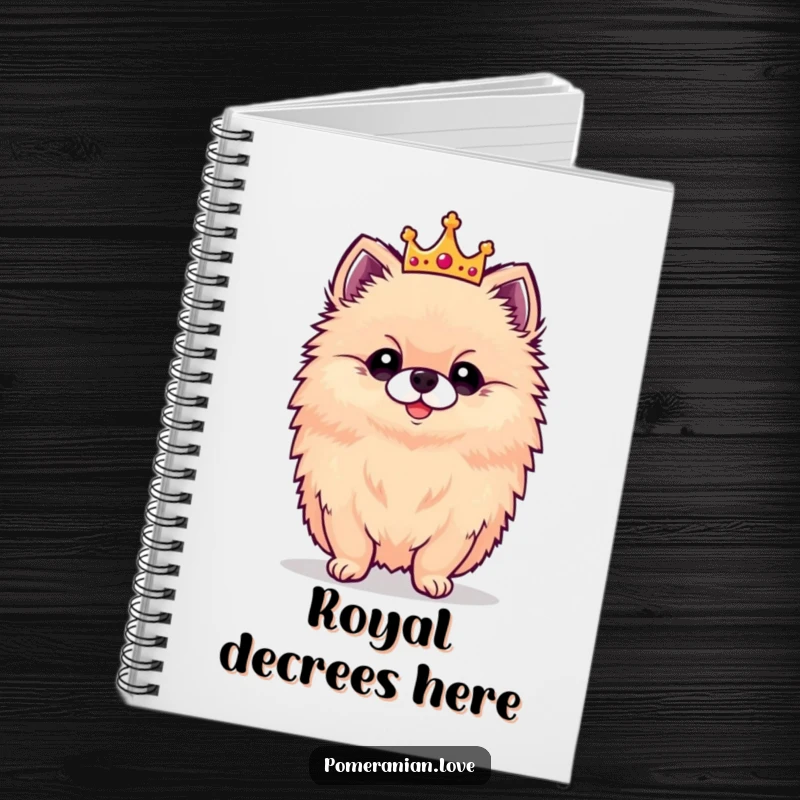 Funny notebook featuring a proud Pomeranian wearing a tiny crown, ideal for jotting down notes and royal decrees.