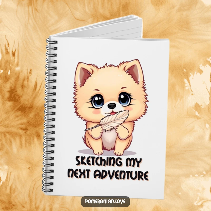 Funny Pomeranian notebook featuring a dog with big, bright eyes playing with a feather, ideal for jotting down thoughts and inspirations.