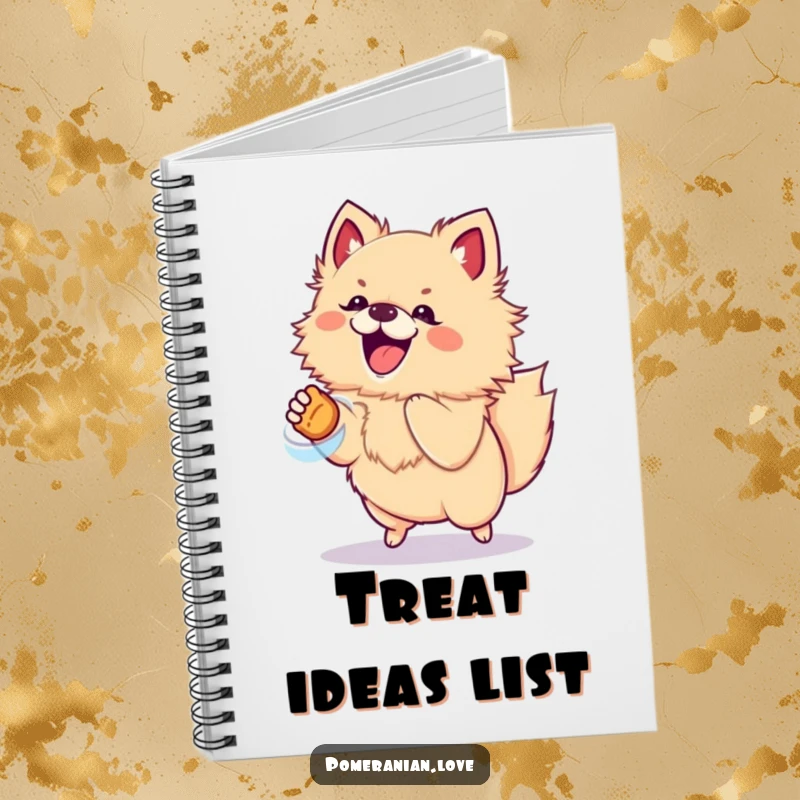 Funny notebook with an excited Pomeranian dog jumping for a treat, great for jotting down energetic ideas.