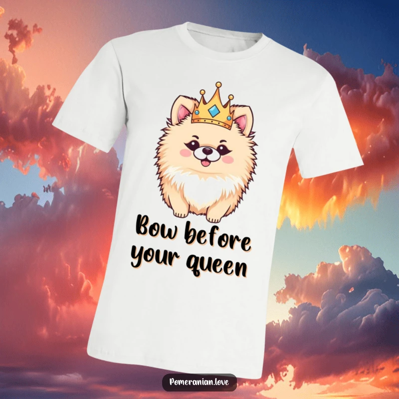 Funny Pomeranian t-shirt, a fluffy dog wearing a small, ornate crown, exuding happiness and regal charm.