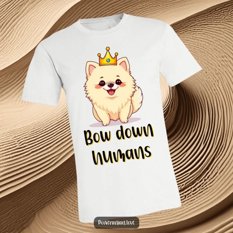 Funny royal Pomeranian t-shirt with a cute crowned dog happily shaking its fluffy tail with glee.